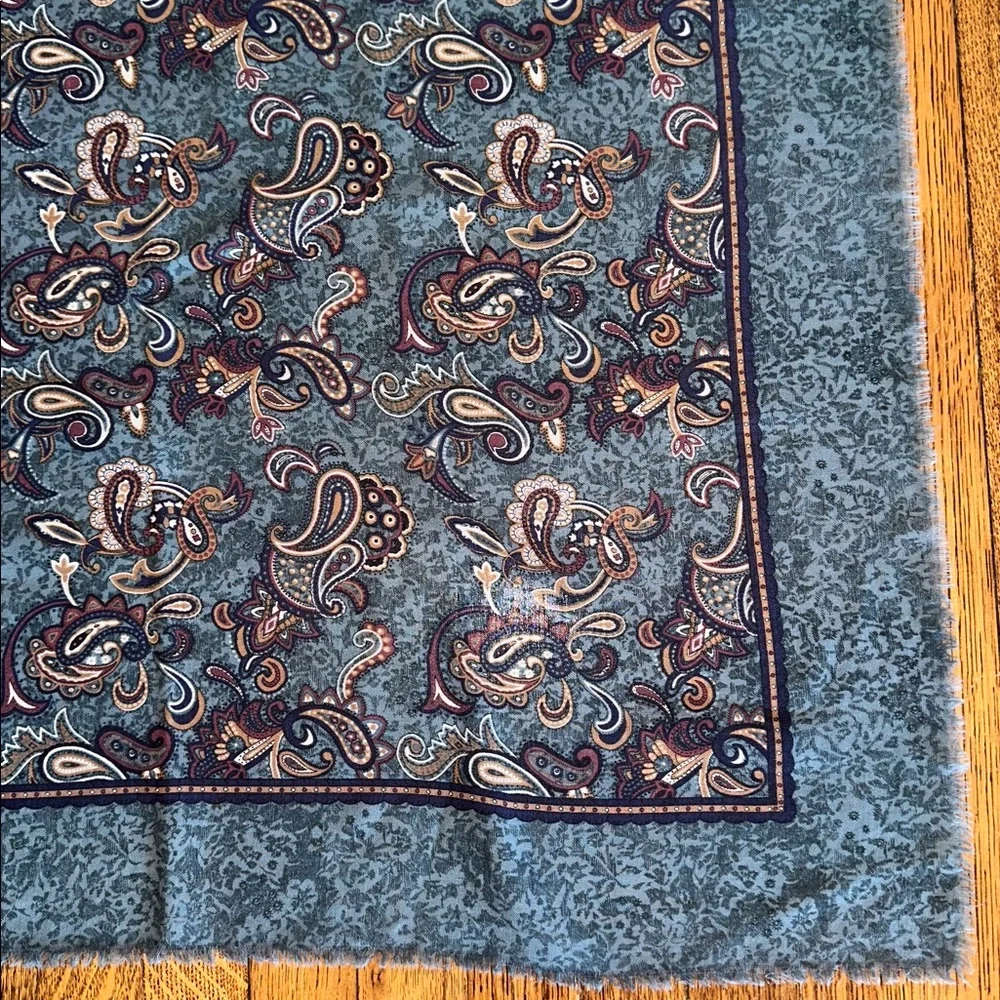 Vintage 60s Norman Brand Blue & Tan Paisley Wool Very Large‎ Scarf or Wrap